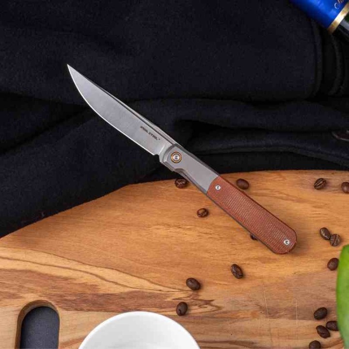 Couteau Real Steel Barlow RB-7 Lame Acier S35VN Manche Titane & Micarta Naturel FrameLock IKBS RS7892 - Livraison Gratuite