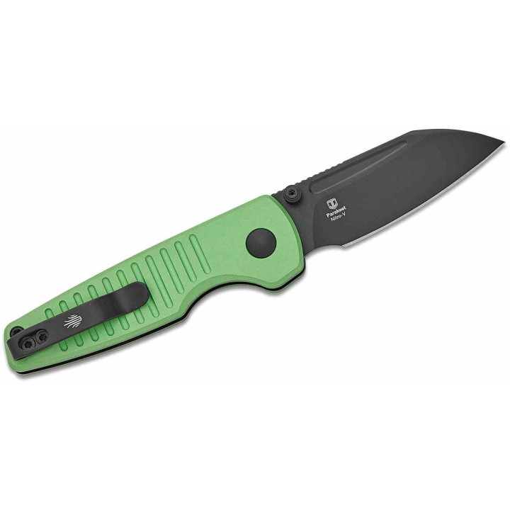 Couteau Kizer Parakeet Green Lame Sheepsfoot Acier Nitro-V Noir Manche Alu Button Lock Clip KIV2706A5 - Livraison Gratuite