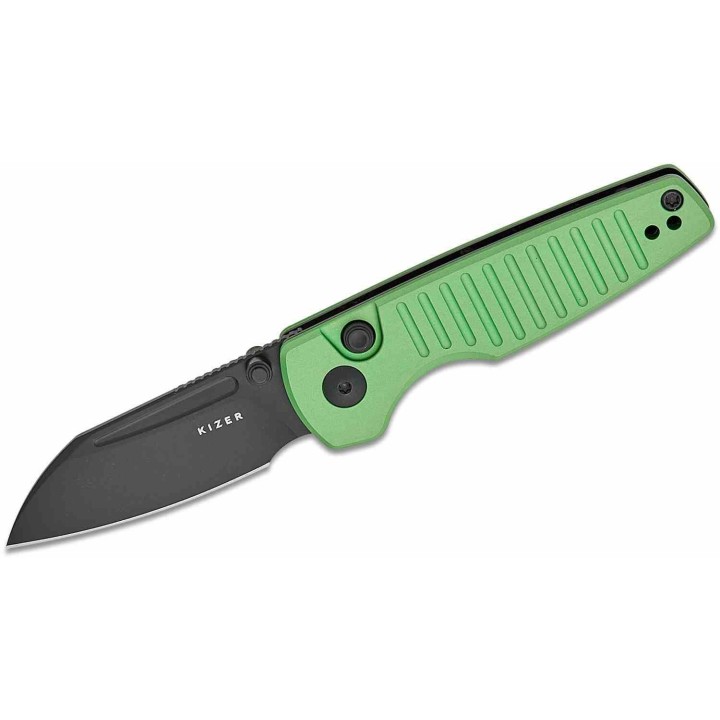 Couteau Kizer Parakeet Green Lame Sheepsfoot Acier Nitro-V Noir Manche Alu Button Lock Clip KIV2706A5 - Livraison Gratuite