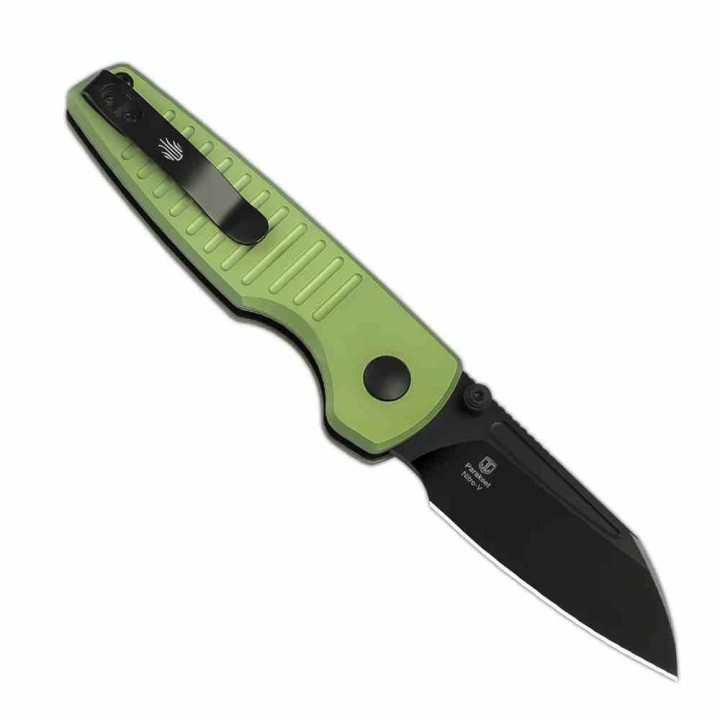 Couteau Kizer Parakeet Green Lame Sheepsfoot Acier Nitro-V Noir Manche Alu Button Lock Clip KIV2706A5 - Livraison Gratuite
