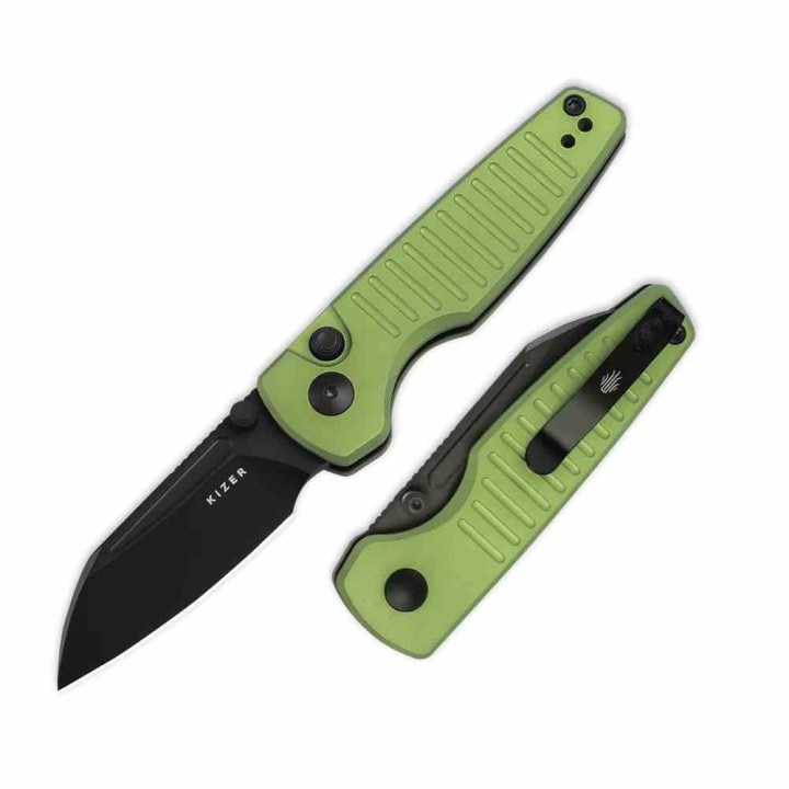 Couteau Kizer Parakeet Green Lame Sheepsfoot Acier Nitro-V Noir Manche Alu Button Lock Clip KIV2706A5 - Livraison Gratuite
