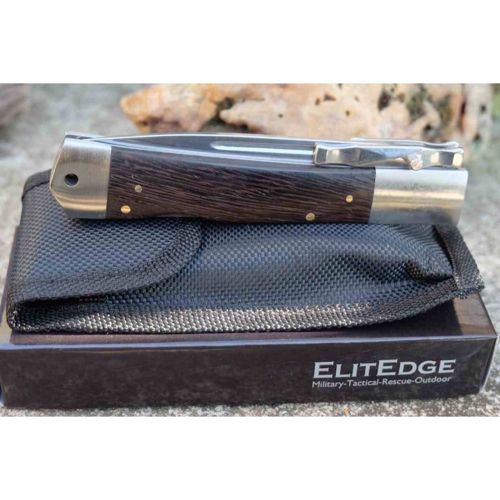 Lot de 2 Couteau ElitEdge Dague Pliant Lame Acier 440C Manche Bois Lockback Etui Nylon EE10001DW - Livraison Gratuite