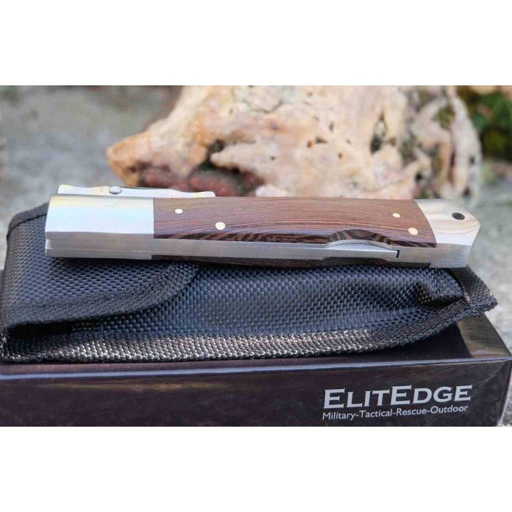 Lot de 2 Couteau ElitEdge Dague Pliant Lame Acier 440C Manche Bois Lockback Etui Nylon EE10001DW - Livraison Gratuite