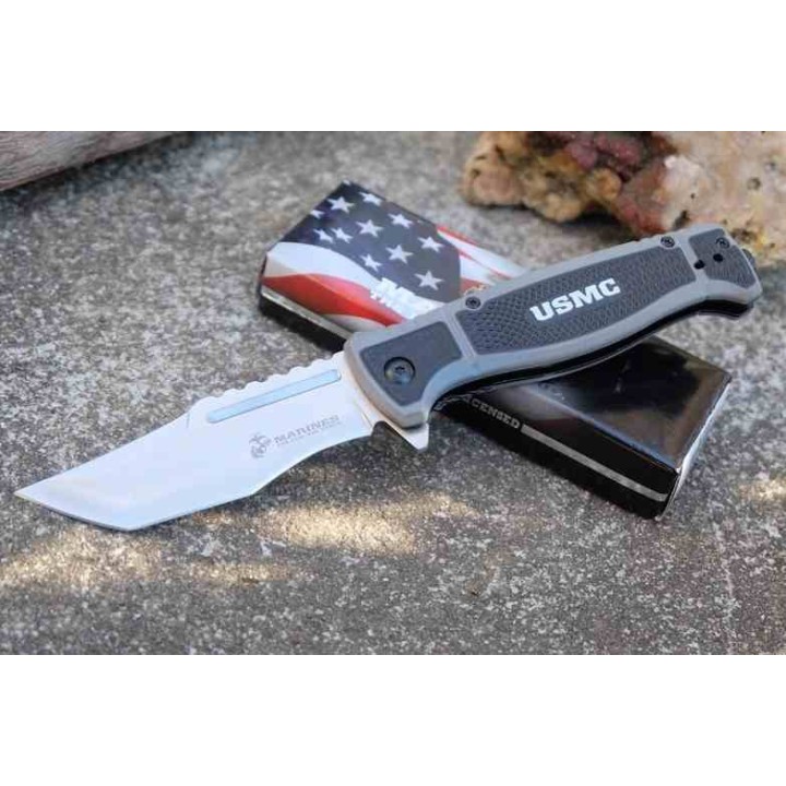 Lot de 2 Couteau USMC Marines A/O Lame Tanto Acier 3Cr13 Manche Nylon Noir/Gris Brise-Vitres USMA3005GY - Livraison Gratuite