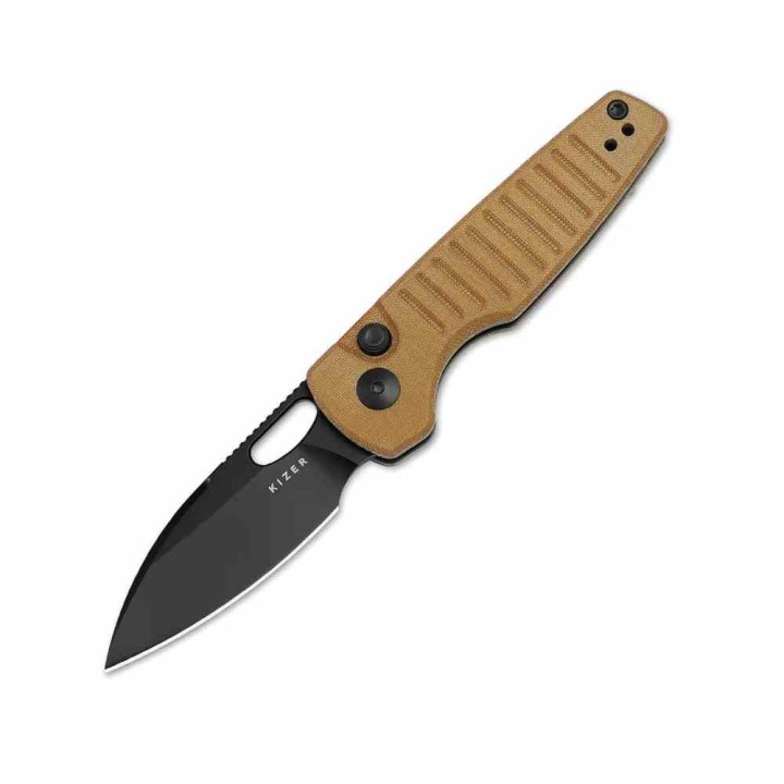 Couteau Kizer Parakeet Brown Lame Drop Point Acier Nitro-V Black Manche Micarta Buttlon Lock Clip KIV2706A3 - Livraison Gratuite