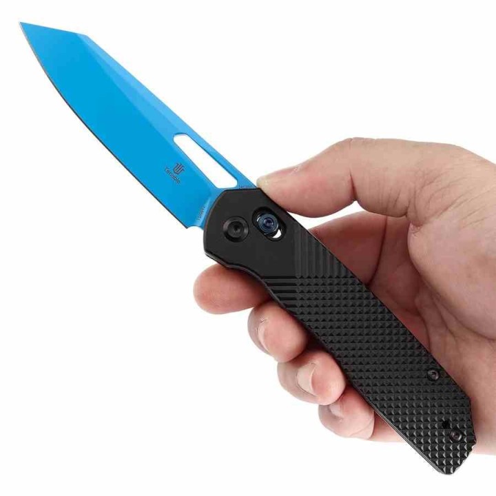 Couteau Tenable Shard Blue Lame Reverse Tanto Acier 14C28N Manche Alu Noir Crossbar Lock T1006V2 - Livraison Gratuite