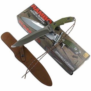 Couteau Rambo V Last Blood Heartstopper Lame Spear Point Manche G10 Vert Olive Etui Cuir Marron RB9415 - Livraison Gratuite