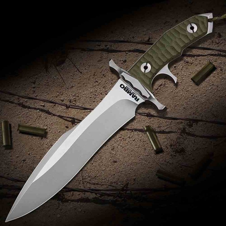 Couteau Rambo V Last Blood Heartstopper Lame Spear Point Manche G10 Vert Olive Etui Cuir Marron RB9415 - Livraison Gratuite
