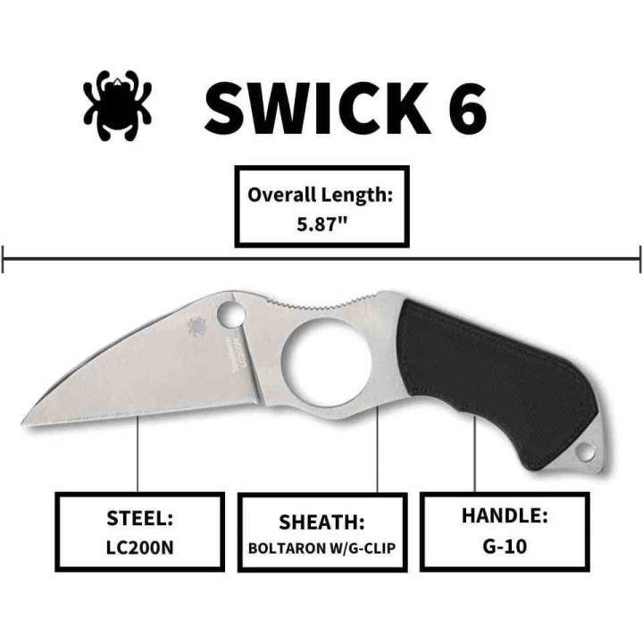 Couteau Spyderco Swick 6 Lame Wharncliffe Acier LC200N Manche G10 Etui Boltaron Made USA SCFB14P6 - Livraison Gratuite