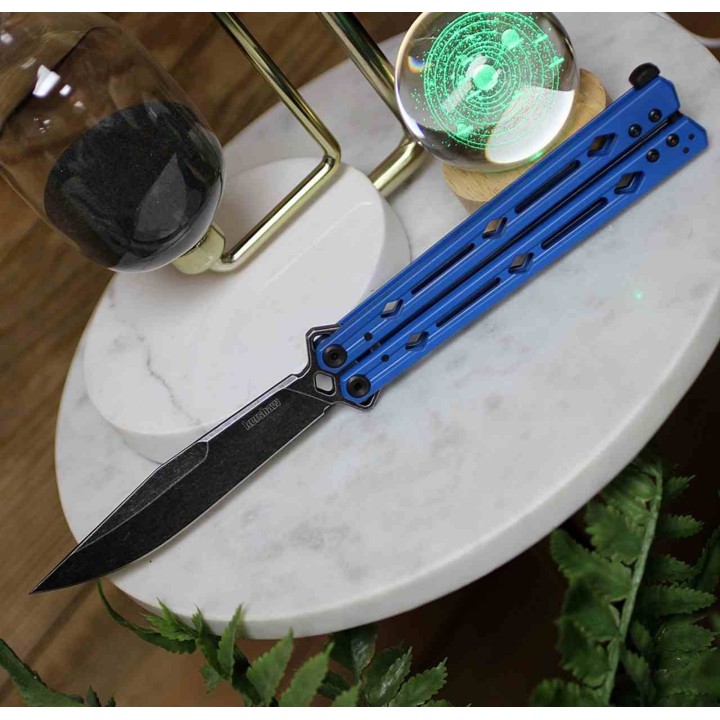 Couteau Balisong Kershaw Lucha Blue Lame Acier Sandvik 14C28N Blk Manche Acier Inox Latch USA KS5150BLUBW - Livraison Gratuite