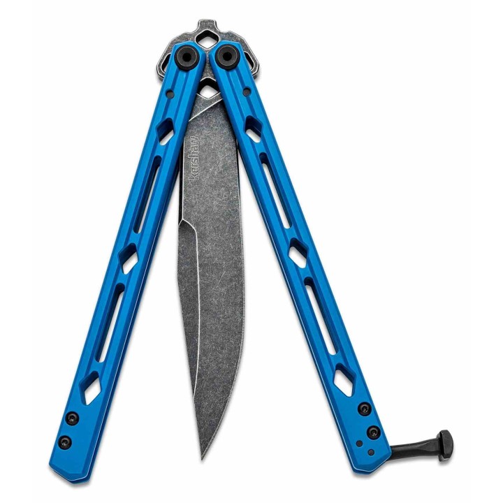 Couteau Balisong Kershaw Lucha Blue Lame Acier Sandvik 14C28N Blk Manche Acier Inox Latch USA KS5150BLUBW - Livraison Gratuite