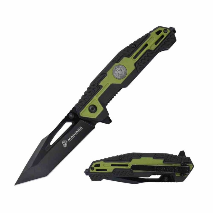 LOT DE 2 Couteau USMC Marine A/O Black/Green Lame Tanto Acier 3Cr13 Manche FRN Brise-Vitres Clip USMA3001GN - Livraison Gratuite