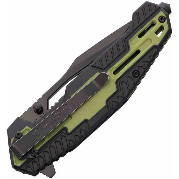 LOT DE 2 Couteau USMC Marine A/O Black/Green Lame Tanto Acier 3Cr13 Manche FRN Brise-Vitres Clip USMA3001GN - Livraison Gratuite