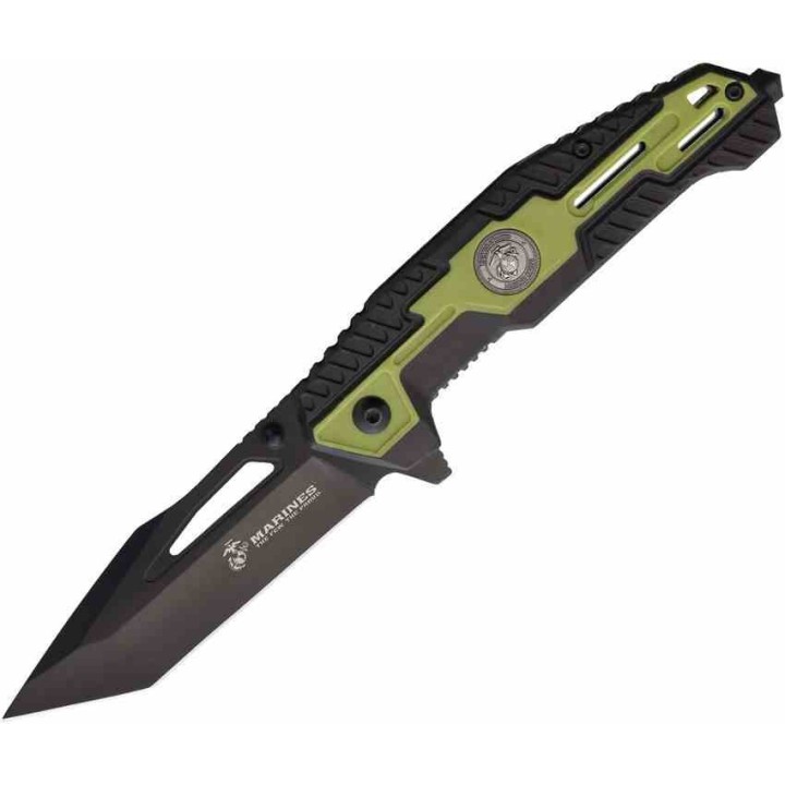 LOT DE 2 Couteau USMC Marine A/O Black/Green Lame Tanto Acier 3Cr13 Manche FRN Brise-Vitres Clip USMA3001GN - Livraison Gratuite