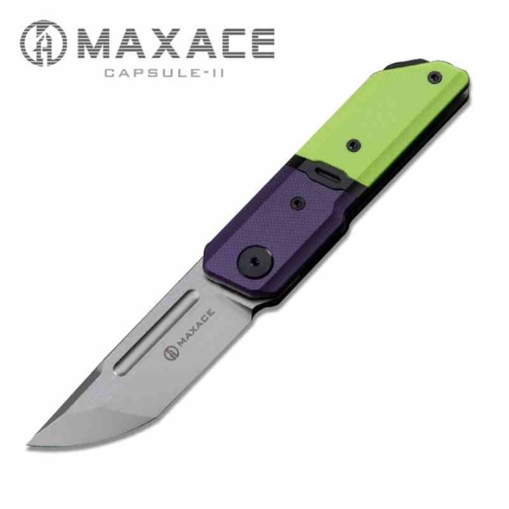 Couteau Maxace Capsule II Green/Purple Lame Tanto Acier 10Cr15CoMoV Manche G-10 Liner Lock MAXMM272B - Livraison Gratuite