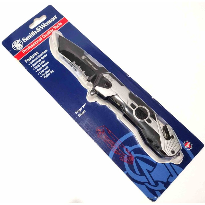 Couteau Smith&Wesson SWP17 Lame Tanto Serr Acier Inox Manche Alu Coupe-Ceinture Brise-Vitres SWP1158708 - Livraison Gratuite