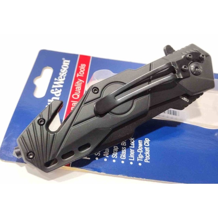 Couteau Smith&Wesson SWP17 Lame Tanto Serr Acier Inox Manche Alu Coupe-Ceinture Brise-Vitres SWP1158708 - Livraison Gratuite
