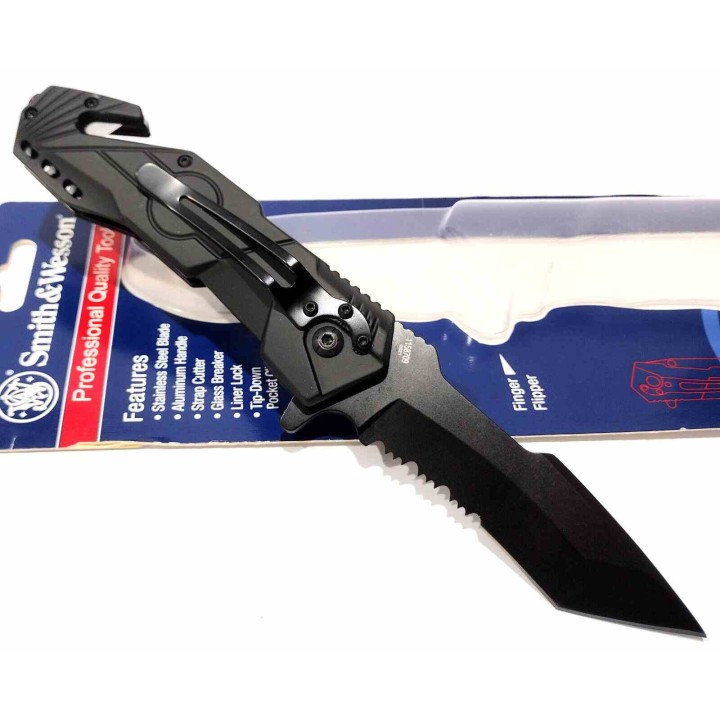 Couteau Smith&Wesson SWP17 Lame Tanto Serr Acier Inox Manche Alu Coupe-Ceinture Brise-Vitres SWP1158708 - Livraison Gratuite