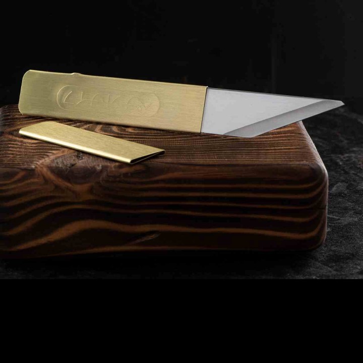 Lot de 3 Couteau Japonais Yoshiharu Penanto Kiridashi Lame Acier Inox Manche Laiton Étui Laiton YSH01 - Livraison Gratuite