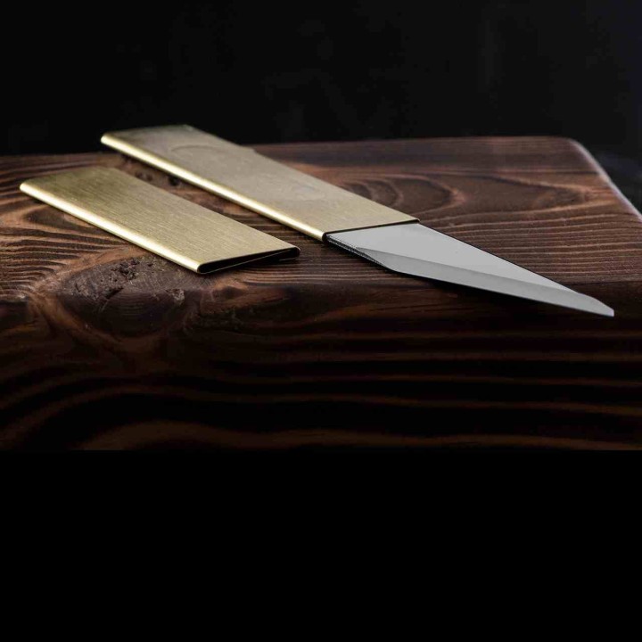Lot de 3 Couteau Japonais Yoshiharu Penanto Kiridashi Lame Acier Inox Manche Laiton Étui Laiton YSH01 - Livraison Gratuite