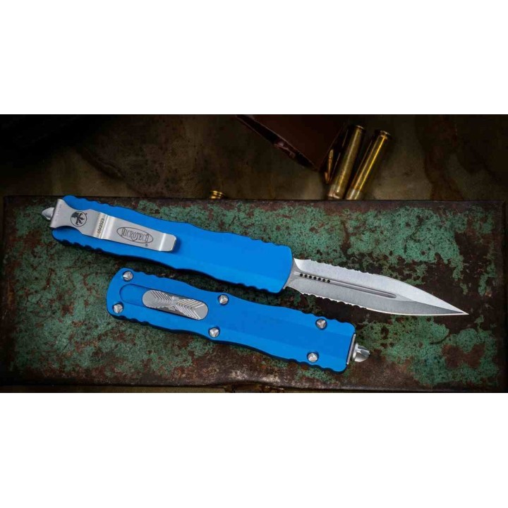 Couteau Automatique OTF Microtech Dirac D/E Serrated Bleu Lame Dague M390 Manche Aluminium Clip MCT22511BL - Livraison Gratuite