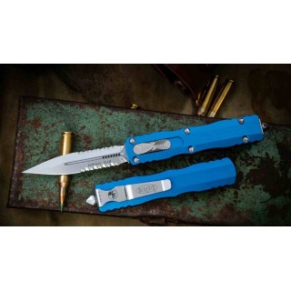 Couteau Automatique OTF Microtech Dirac D/E Serrated Bleu Lame Dague M390 Manche Aluminium Clip MCT22511BL - Livraison Gratuite