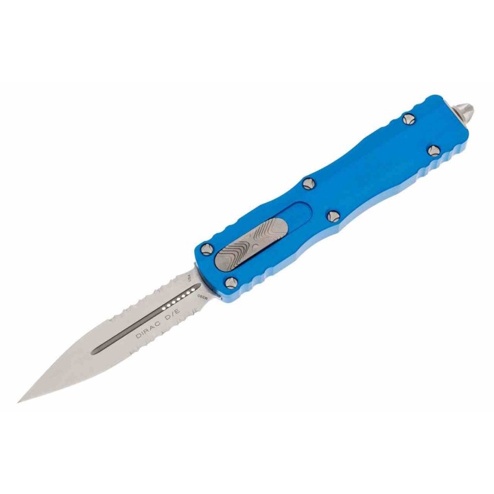 Couteau Automatique OTF Microtech Dirac D/E Serrated Bleu Lame Dague M390 Manche Aluminium Clip MCT22511BL - Livraison Gratuite