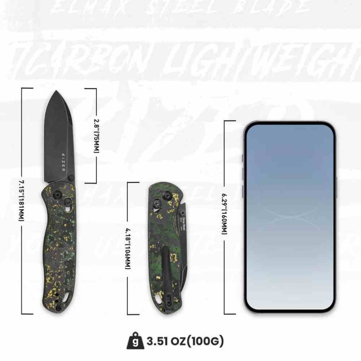 Couteau Kizer Drop Bear Clutch Lock Lame Acier CPM-20CV Manche FatCarbon Toxic Storm AXIS Clip KI3619A1 - Livraison Gratuite