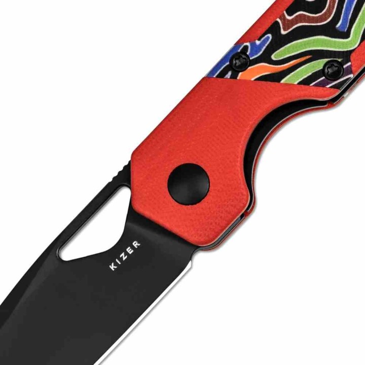 Couteau Kizer Mini Militaw Red/Rainbow Lame Acier Nitro-V  Manche G10 Liner Lock Clip KIV3634SA2 - Livraison Gratuite