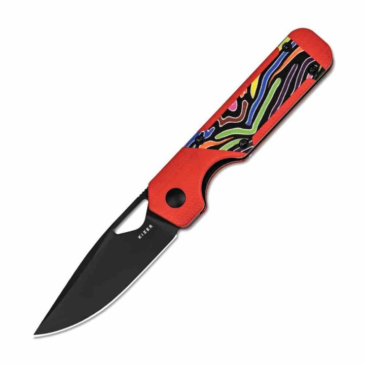 Couteau Kizer Mini Militaw Red/Rainbow Lame Acier Nitro-V  Manche G10 Liner Lock Clip KIV3634SA2 - Livraison Gratuite