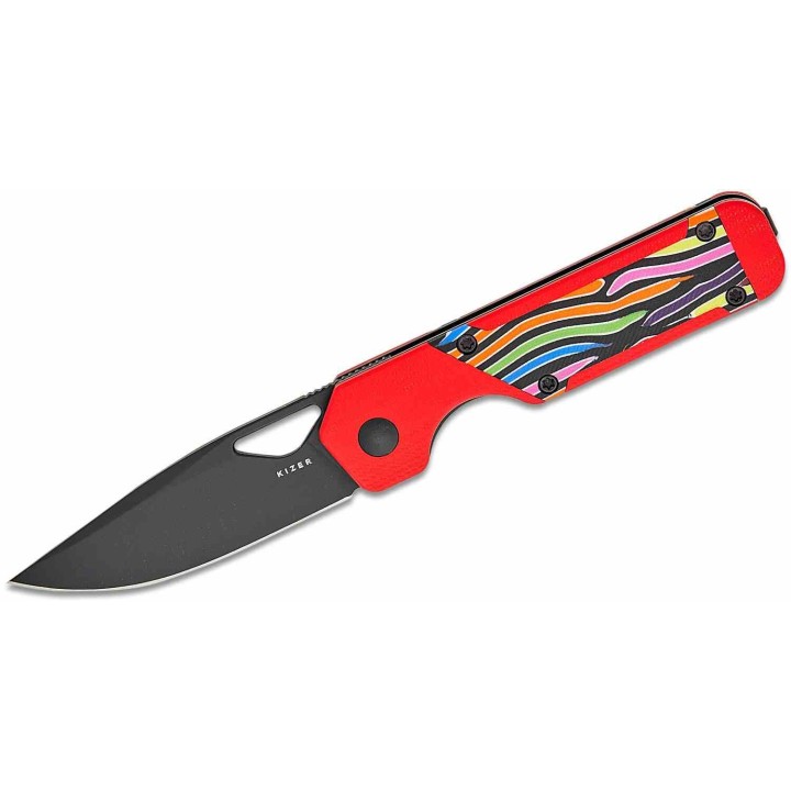 Couteau Kizer Mini Militaw Red/Rainbow Lame Acier Nitro-V  Manche G10 Liner Lock Clip KIV3634SA2 - Livraison Gratuite
