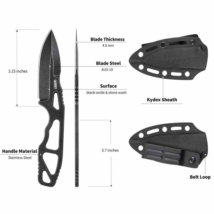 Couteau Kubey 7.62 TAG Lame Spear Point Acier AUS-10 Blk Manche Acier Étui Kydex KUB282B - Livraison Gratuite