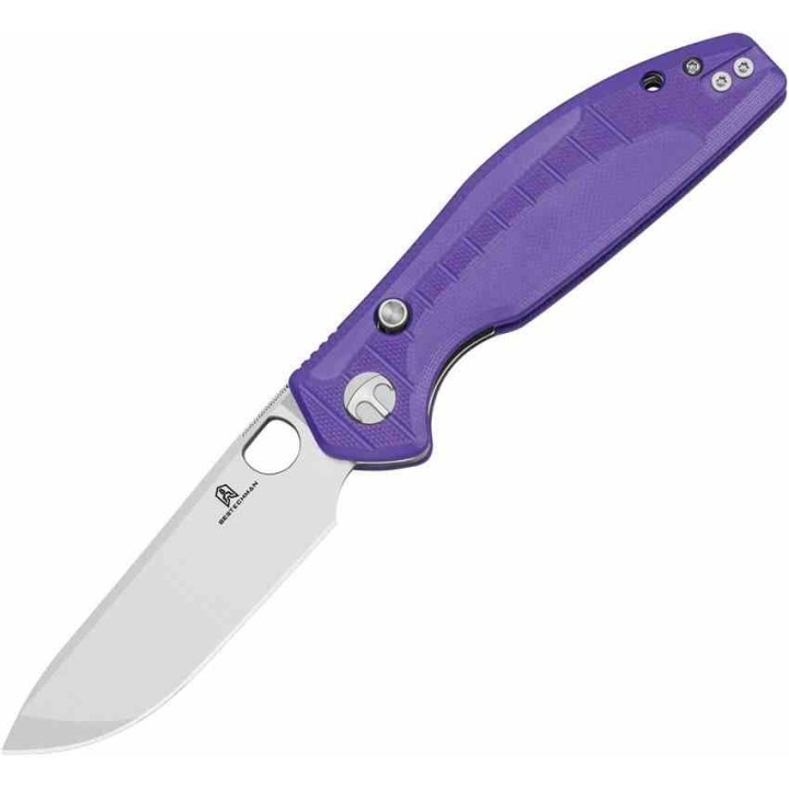 Couteau Bestechman Angry Owl Purple Lame Acier D2 Satin Manche G10 IKBS Button Lock BTKMK12E1 - Livraison Gratuite