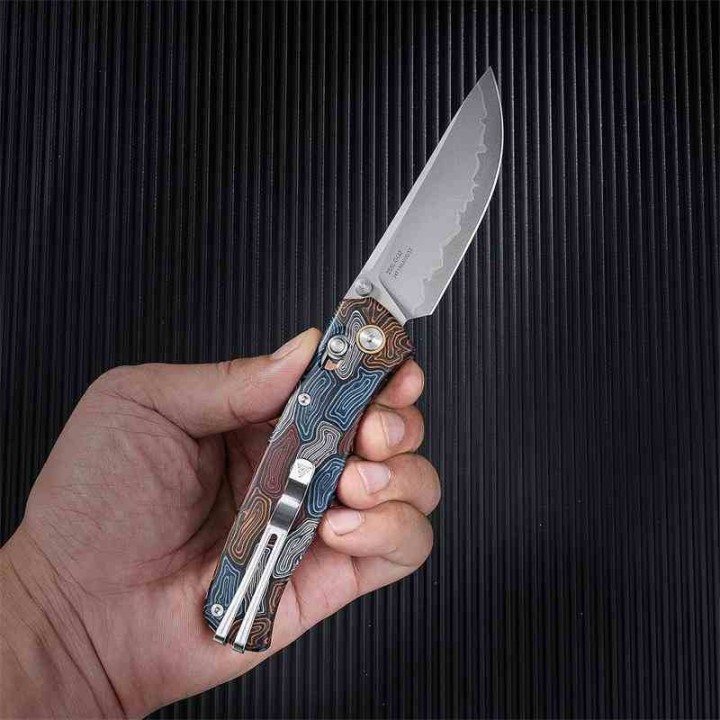 Couteau SRM Medal Damascus G10 Lame Acier Laminé 140Cr Axis Lock Ambi Clip SRM255LGQ2 - Livraison Gratuite