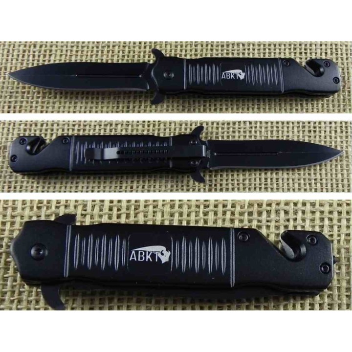 Couteau ABKT Tac Stiletto A/O Lame Acier 8Cr13MoV Manche Alu Liner Lock Brise-Vitres Coupe-Corde AB015B - Livraison Gratuite