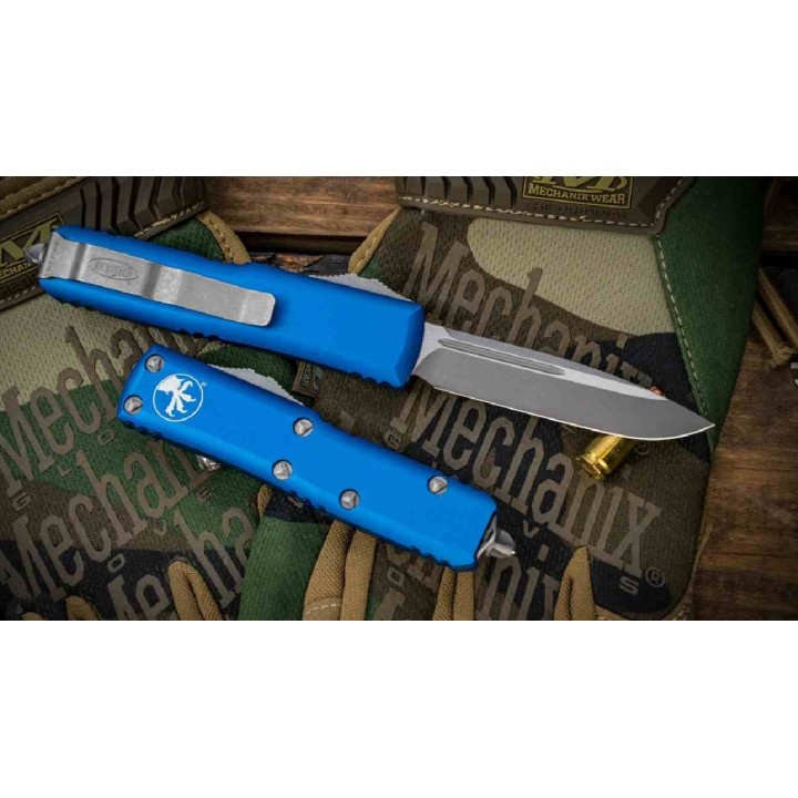 Couteau Automatique OTF Microtech UTX-85 Lame Acier Premium Apocalyptic Manche Bleu USA MCT23110APBL - Livraison Gratuite