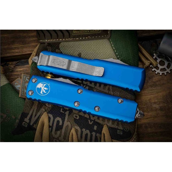 Couteau Automatique OTF Microtech UTX-85 Lame Acier Premium Apocalyptic Manche Bleu USA MCT23110APBL - Livraison Gratuite