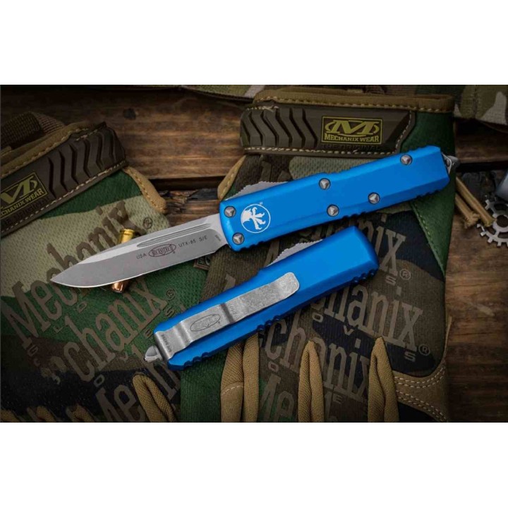 Couteau Automatique OTF Microtech UTX-85 Lame Acier Premium Apocalyptic Manche Bleu USA MCT23110APBL - Livraison Gratuite