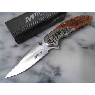 Couteau MTech A/O Manche Bois Marron Bolsters Acier Lame Satinée Acier 3Cr13 Linerlock MTA2006SB - Livraison Gratuite