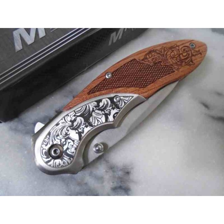Couteau MTech A/O Manche Bois Marron Bolsters Acier Lame Satinée Acier 3Cr13 Linerlock MTA2006SB - Livraison Gratuite