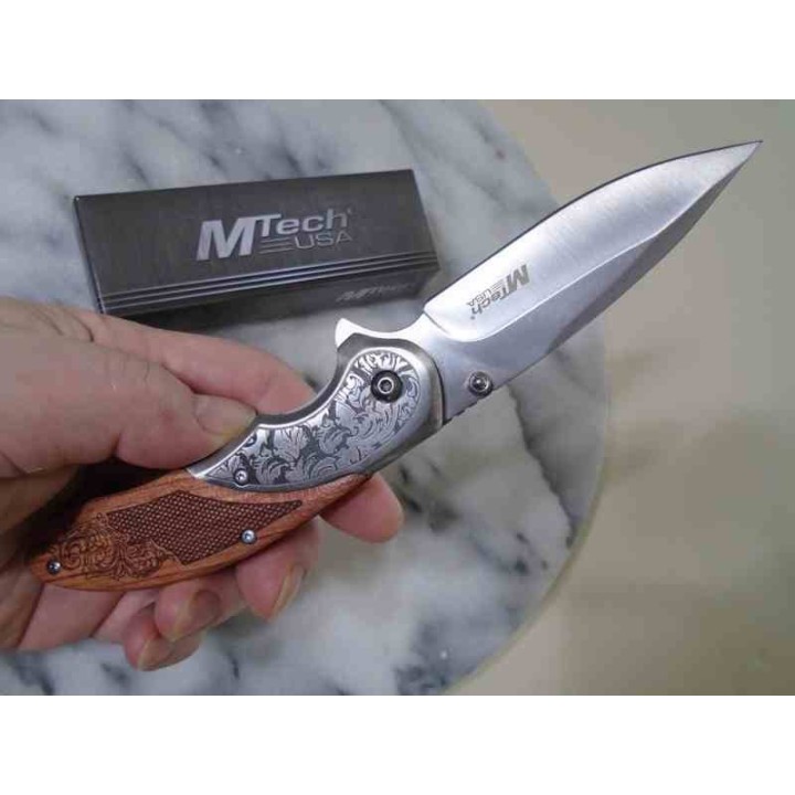 Couteau MTech A/O Manche Bois Marron Bolsters Acier Lame Satinée Acier 3Cr13 Linerlock MTA2006SB - Livraison Gratuite