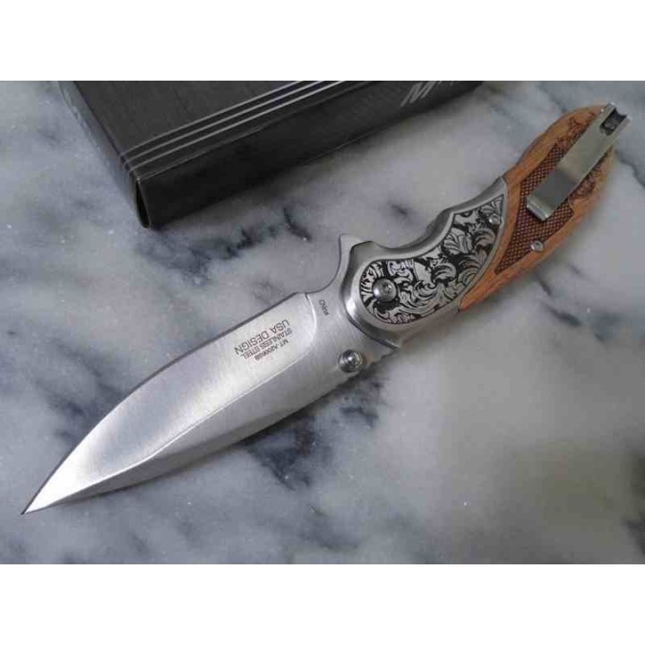 Couteau MTech A/O Manche Bois Marron Bolsters Acier Lame Satinée Acier 3Cr13 Linerlock MTA2006SB - Livraison Gratuite