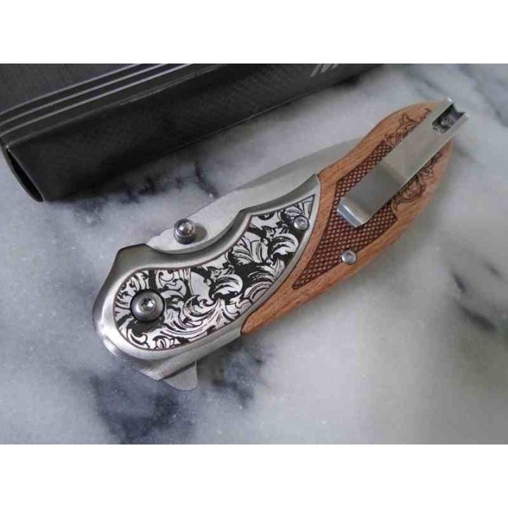 Couteau MTech A/O Manche Bois Marron Bolsters Acier Lame Satinée Acier 3Cr13 Linerlock MTA2006SB - Livraison Gratuite