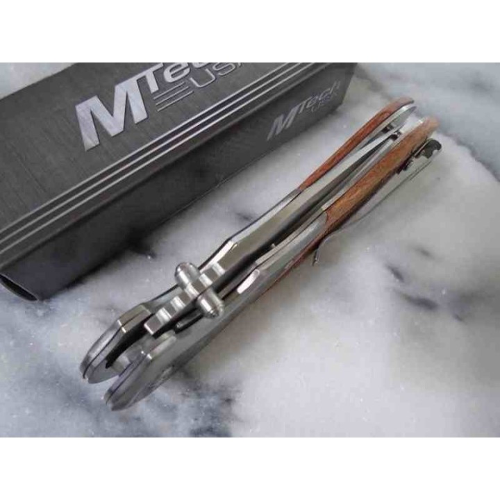 Couteau MTech A/O Manche Bois Marron Bolsters Acier Lame Satinée Acier 3Cr13 Linerlock MTA2006SB - Livraison Gratuite