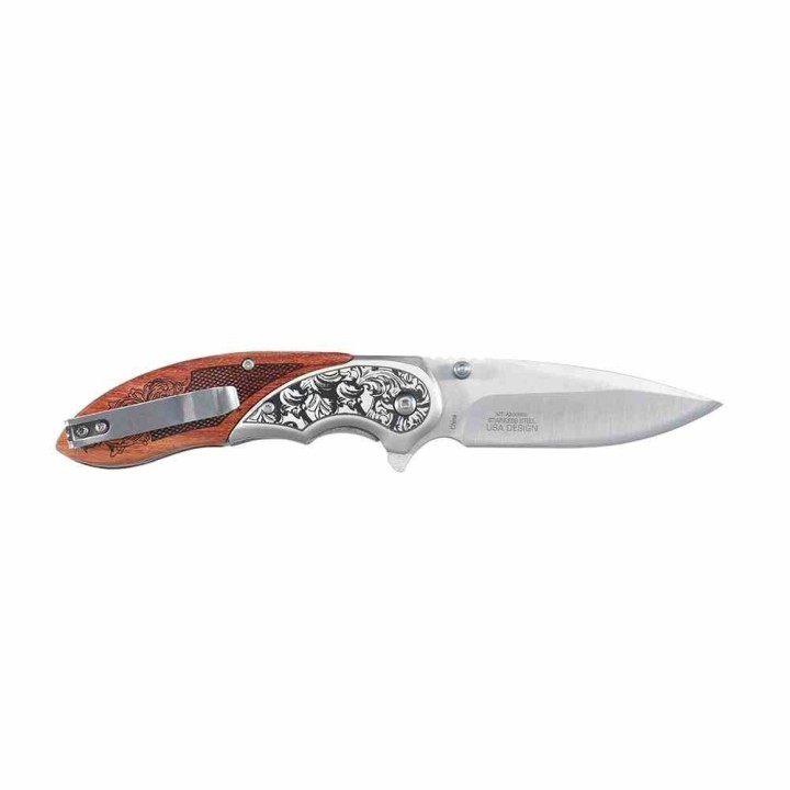 Couteau MTech A/O Manche Bois Marron Bolsters Acier Lame Satinée Acier 3Cr13 Linerlock MTA2006SB - Livraison Gratuite