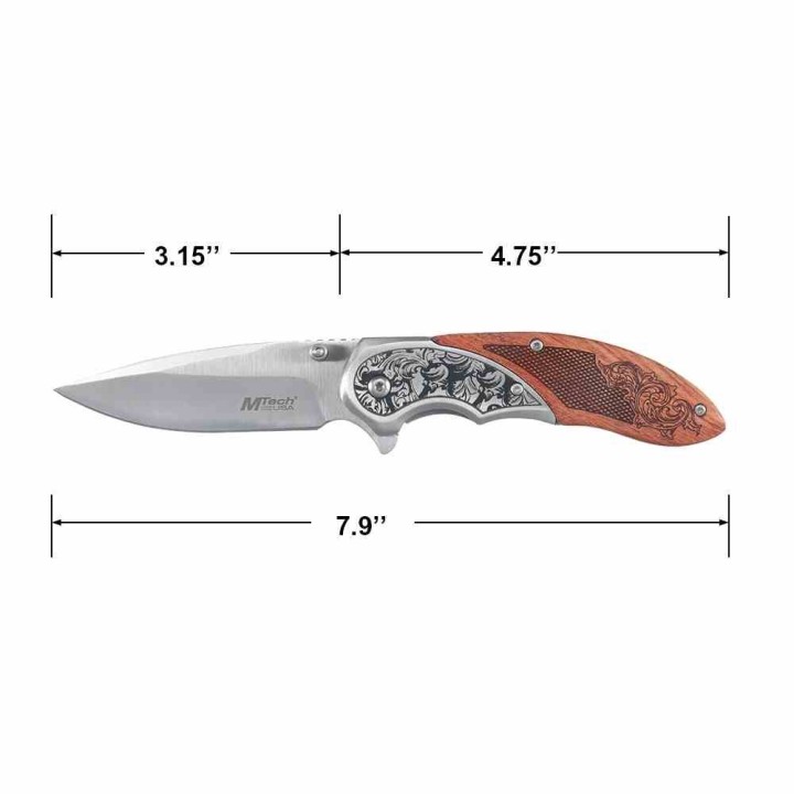 Couteau MTech A/O Manche Bois Marron Bolsters Acier Lame Satinée Acier 3Cr13 Linerlock MTA2006SB - Livraison Gratuite