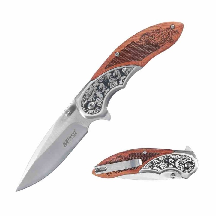 Couteau MTech A/O Manche Bois Marron Bolsters Acier Lame Satinée Acier 3Cr13 Linerlock MTA2006SB - Livraison Gratuite