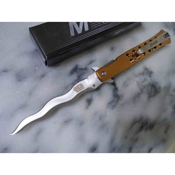 Lot de 2 Couteau Semi Automatique MTech Kriss Lame Wavy Acier 3Cr13MoV Manche Alu Or Liner Lock MTA2042WG - Livraison Gratuite