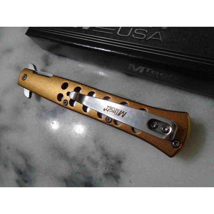 Lot de 2 Couteau Semi Automatique MTech Kriss Lame Wavy Acier 3Cr13MoV Manche Alu Or Liner Lock MTA2042WG - Livraison Gratuite