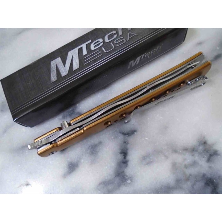 Lot de 2 Couteau Semi Automatique MTech Kriss Lame Wavy Acier 3Cr13MoV Manche Alu Or Liner Lock MTA2042WG - Livraison Gratuite